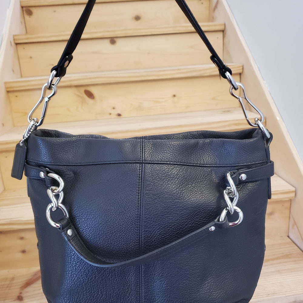 Coach Black Leather Shoulder Bag with Silver Accents